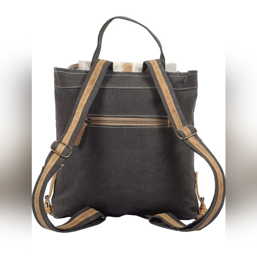 Myra Bag NWOT Artist's Impression Hairon Flapover Canvas & Leather Backpack - Picture 8 of 10